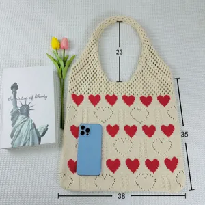 GESTRICKTE HERZ MUSTER TASCHE, lässige gewebte Strand Einkaufstasche mit Schultergurt.