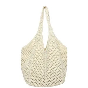 Damen Häkel Strick Shopper Tasche lässige ausgehöhlte Strand Umhängetasche Beutel beige