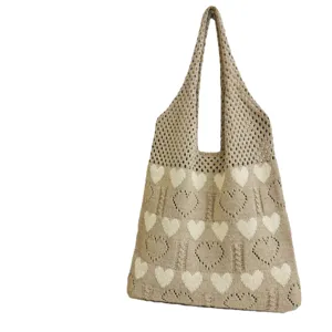 Modische gestrickte Shopper Handtasche mit Herzmuster lässige Strandtasche für Damen