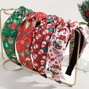 Christmas Knotted Wide Headband Printed Fabric Hair Band Snowflake Snowman Elk Pattern Holiday Hair Accessories For Women