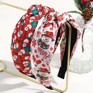 Christmas knotted headband set, wide fabric hair hoop with cute snowman and snowflake print.