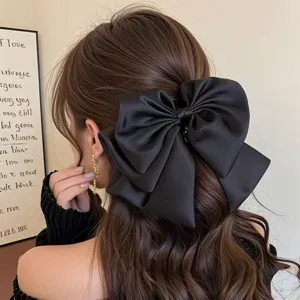 French large black satin bow hair claw clip elegant hair accessory for women styling detail