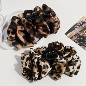 Pinza per Capelli a Fiocco Con Stampa Leopardata di Moda Per Donna Raso Avvolto Resina Grande Artiglio Squalo Accessori