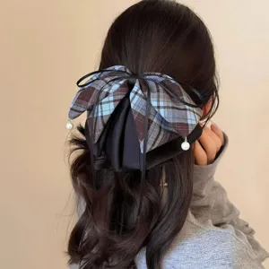 Blue brown plaid bow hair claw clip with pearls, sweet French style hair accessory for women.
