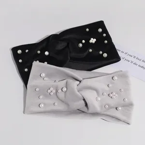 Velvet pearl headband cross elastic hair band solid color stylish daily wear hair accessories