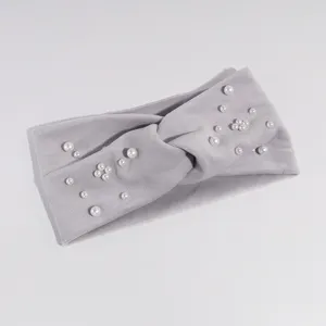 Grey velvet headband featuring elegant faux pearl embellishments for women daily hair styling.