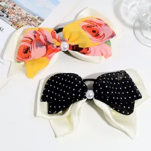 Sweet French style bow hair tie set, floral and polka dot chiffon ponytail holder hair accessories for women.