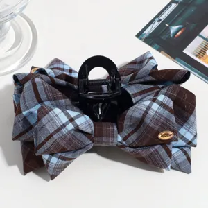 Chic blue brown plaid bow hair claw clip, sweet french style hair accessory for women.