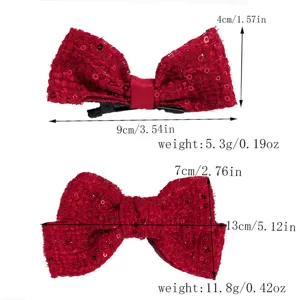 Tabla de tallas de pinzas para el pelo con lazo de tweed rojo, accesorios y medidas.