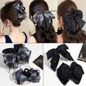 French Style Large Bow Hair Claw Clip Satin Fabric Plaid Ribbon Hair Accessories For Women Elegant Artificial Pearl Hair Jaw Clip Sweet Fashion Grabbing Clip