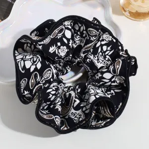 Large black floral print hair scrunchie sweet elegant ponytail holder styling hair accessory