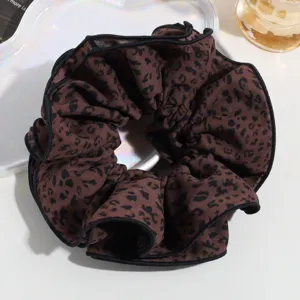 Oversized brown leopard print hair scrunchie fabric hair tie cute ponytail holder detail