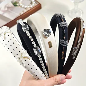 Cerchietto per Capelli in Tessuto alla Moda Con Fiocco di Perle Artificiali Strass Spugna Spesso Imbottito Elegante Copricapo da Donna Accessorio Quotidiano Pendolare