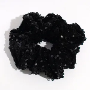 Black sequin velvet hair scrunchie stylish elastic hair tie for women daily styling.