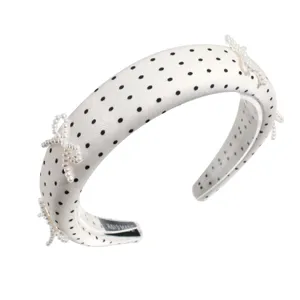 Cerchietto imbottito a pois bianchi con fiocco di perle accessori per capelli