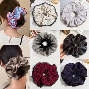 Large Leopard Print Floral Scrunchie Fashion Elegant Fabric Hair Tie Oversized Elastic Hair Band For Women Hair Styling Accessories