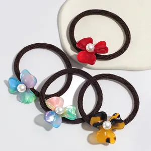 Minimalist acetate flower hair ties with faux pearls, elegant elastic ponytail hair bands.