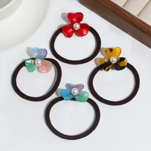 Acetate flower hair ties with faux pearl center, high elastic ponytail rubber bands set.