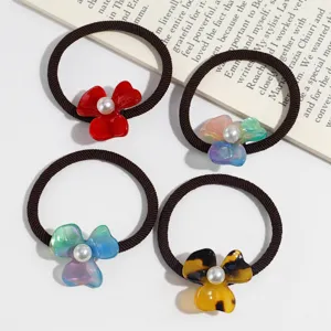 Chic minimalist resin flower hair ties with faux pearl center, elegant ponytail hair rope set.