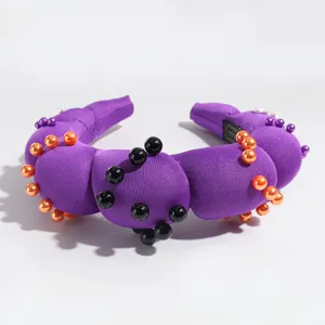 Purple sponge padded headband with colorful pearl beads, fun party hair accessory for women.