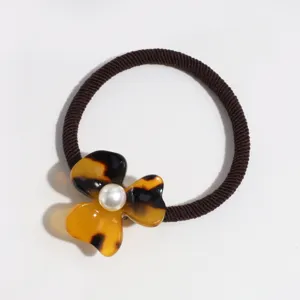 Tortoiseshell acetate flower hair tie with faux pearl elegant ponytail hair accessory