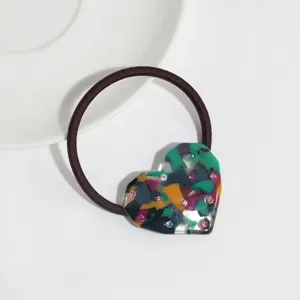 Colorful acetate resin heart hair tie with bright rhinestones, elegant elastic ponytail band.