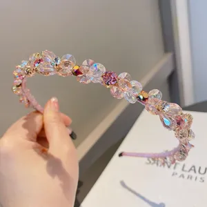 Cerchietto rosa in cristallo fiori doppio strato strass lucido accessorio capelli donna