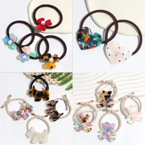 Fashion Plastic Resin Hair Ties For Women Flower Bear Dog Pattern Elastic Ponytail Holders Artificial Pearl Embellished Elegant Handmade Hairwear Accessory