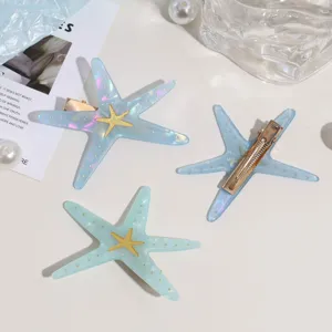 Pinza de pelo de resina de estrella de mar, accesorio capilar azul brillante para flequillo.