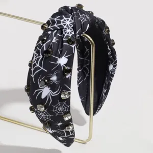 Halloween spider web knotted headband with sparkling rhinestones, chic hair accessories.