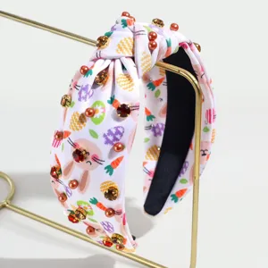 Easter bunny print wide knotted headband embellished with pearls and shiny rhinestones for women.