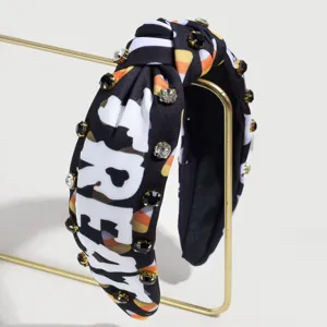 Halloween wide knotted headband with rhinestones and fashion print for women daily party wear.
