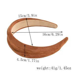 Diadema ancha de ante marrón con dimensiones, accesorio de moda elegante para el cabello de mujer.