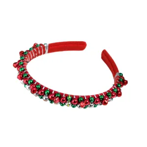 Christmas red fabric headband decorated with colorful jingle bells and beads, festive hair accessory