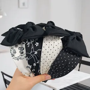 Minimalist Black White Polyester Wide Knotted Headband Trendy Floral Polka Dot Butterfly Print Bowknot Hair Band For Women Daily Headwear
