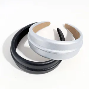 Diadema de cuero ancha elegante conjunto negro y plateado accesorio para el pelo alto moda