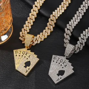 Hip Hop Poker Card Pendant Necklace For Men Alloy Rhinestone Royal Flush Black Spade A Pendant Cuban Twist Chain Punk Jewelry