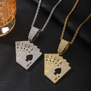 Hip hop iced out poker cards pendant necklace for men luxury rhinestone cuban chain jewelry