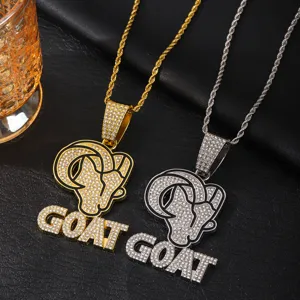 Hip hop style ram animal pendant necklace set with cubic zirconia and cuban chain for men fashion.