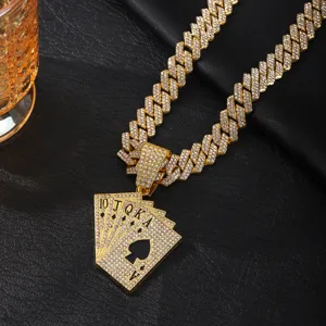 Hip hop diamond playing card cuban chain necklace detail, luxury men's iced out jewelry.
