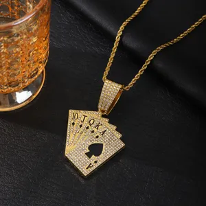 Gold iced out playing cards pendant necklace hip hop cubic zirconia spade jewelry for men