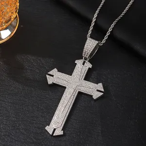 Silver rhinestone cross pendant necklace hip hop style men fashion jewelry detail shot