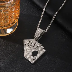Hip hop rhinestone poker card pendant necklace, luxury alloy chain for men fashion jewelry.