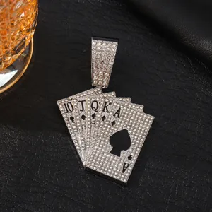 Hip hop rhinestone poker card pendant sparkling crystal spade design men necklace detail shot