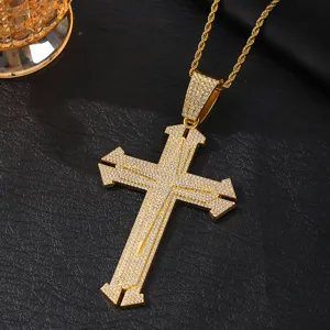 Hip hop iced out cross pendant necklace with cuban chain for men fashion jewelry gold finish