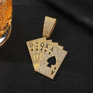 Hip-hop style rhinestone poker cards pendant necklace for men, detailed closeup shot.