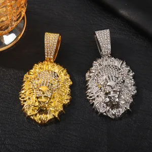 Collier pendentif tête de lion strass hip hop en or et argent, superbes bijoux punk tendance.