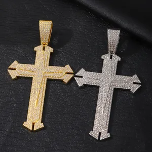 Hip hop rhinestone cross pendant necklace set, luxury sparkling crystal cross jewelry for men.