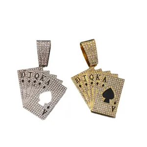 Hip-hop rhinestone poker card pendant necklace, alloy diamond-encrusted spade card jewelry.