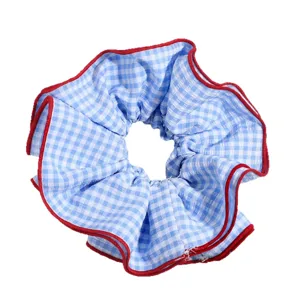 Oversized blue and white gingham hair scrunchie with red trim sweet chic hair tie